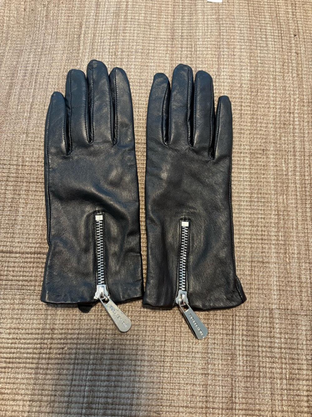 Michael Kors Black Lined Leather Gloves with Silver Zipper